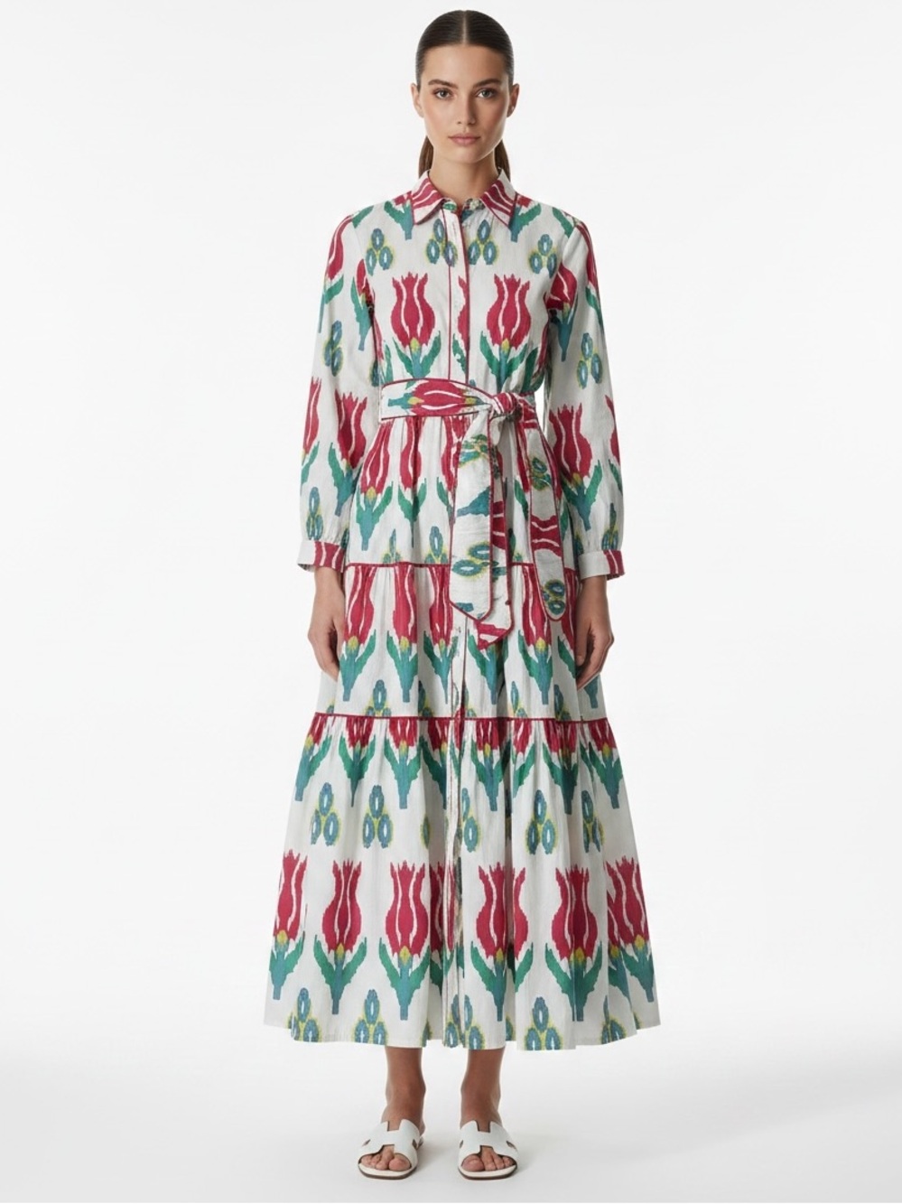 OLIPHANT Sumba Red Maxi Shirt Dress Floral 100% Cotton Belted Voluminous Skirt